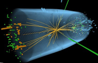 Collision de protons et découverte d'une particule (vue d'artiste)
