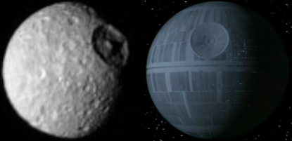 À gauche, la photo depuis la sonde Voyager 1 © NASA - À droite l'Étoile Noire dans l'épisode 4 © Lucasfilm